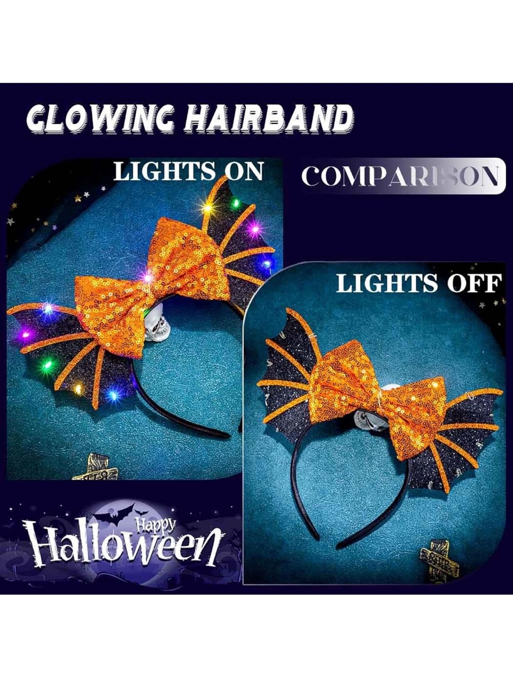 LED Halloween Hair bands Sequin Bow Headband Glow Orange - Picture 5 of 7
